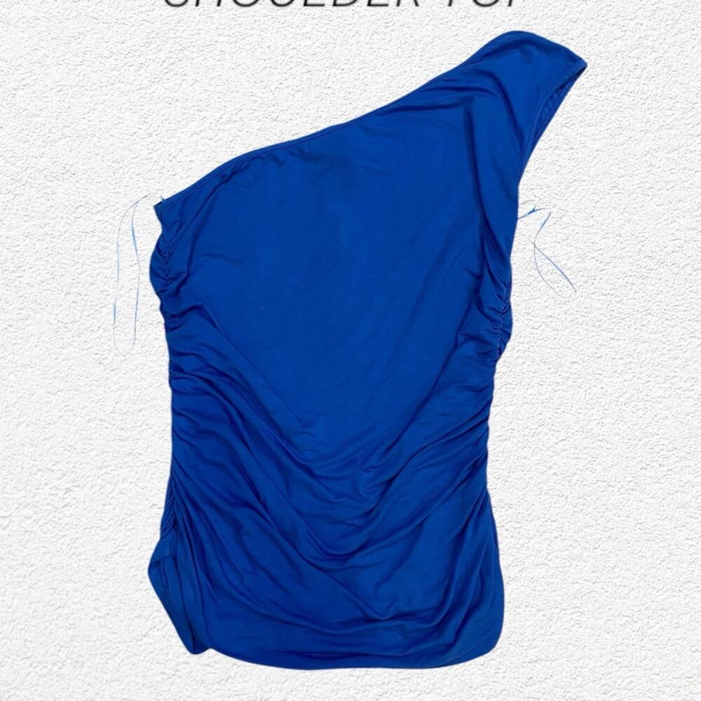 BCBGMAXAZRIA Blue One Shoulder Stretchy Top Size XL